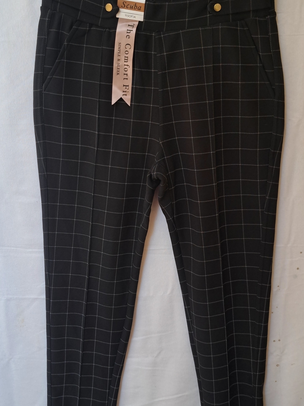 R. Sofia Scuba Black White Windowpane Grid Ankle Pants Gold Button Accents M